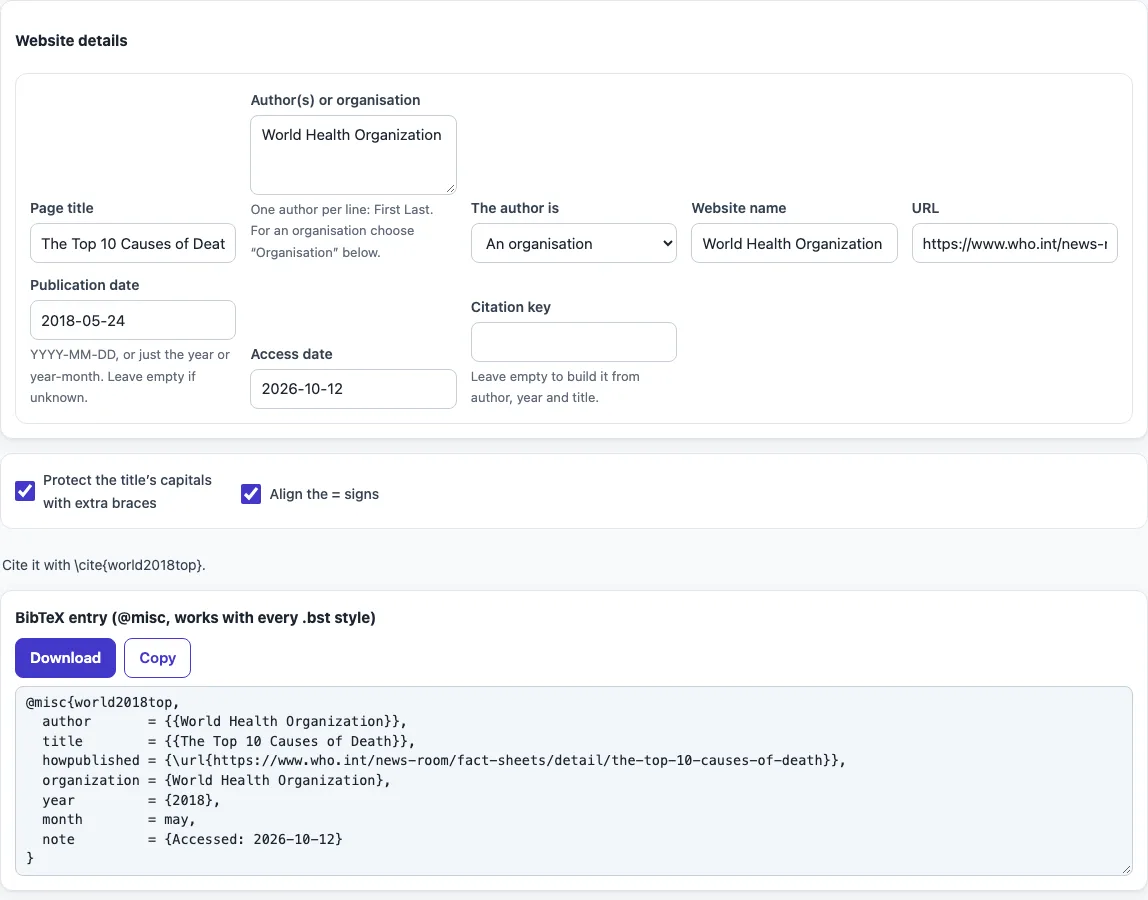 Bibtex website example